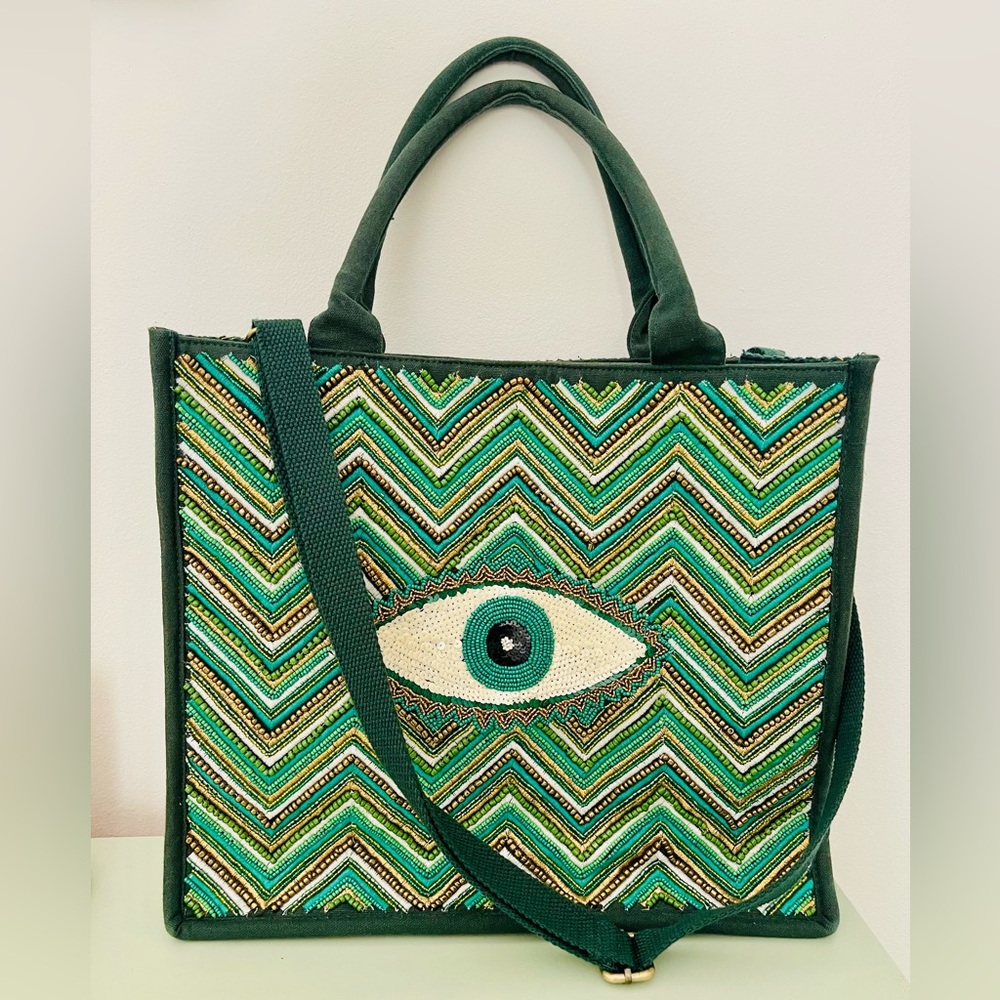 America & Beyond Large Green Beaded Bag